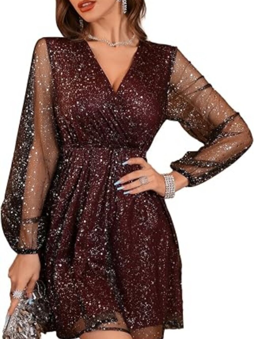 Floerns Women's Lantern Long Sleeve V Neck Mesh Cocktail Party Short Dress Witho